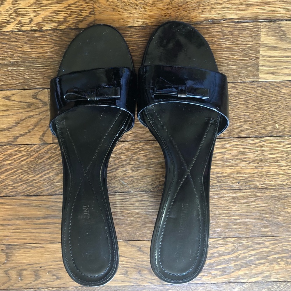 Enzo Angiolini Pansey Black Patent Leather Slip-On Open Toe Wedge Heels